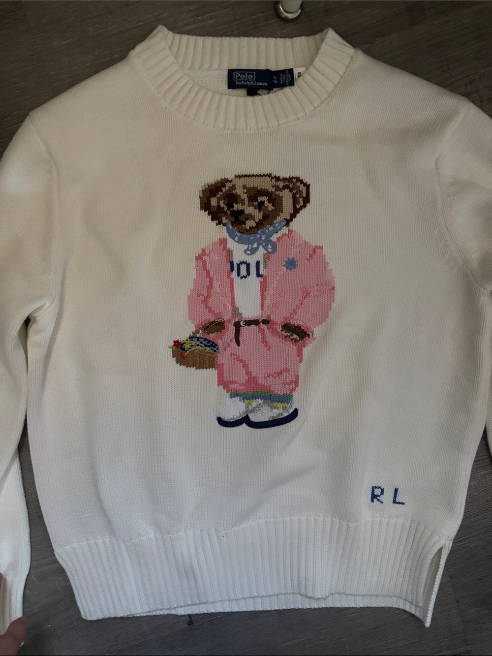 Polo by Ralph Lauren White Crewneck Sweater with Pink Bear Motif